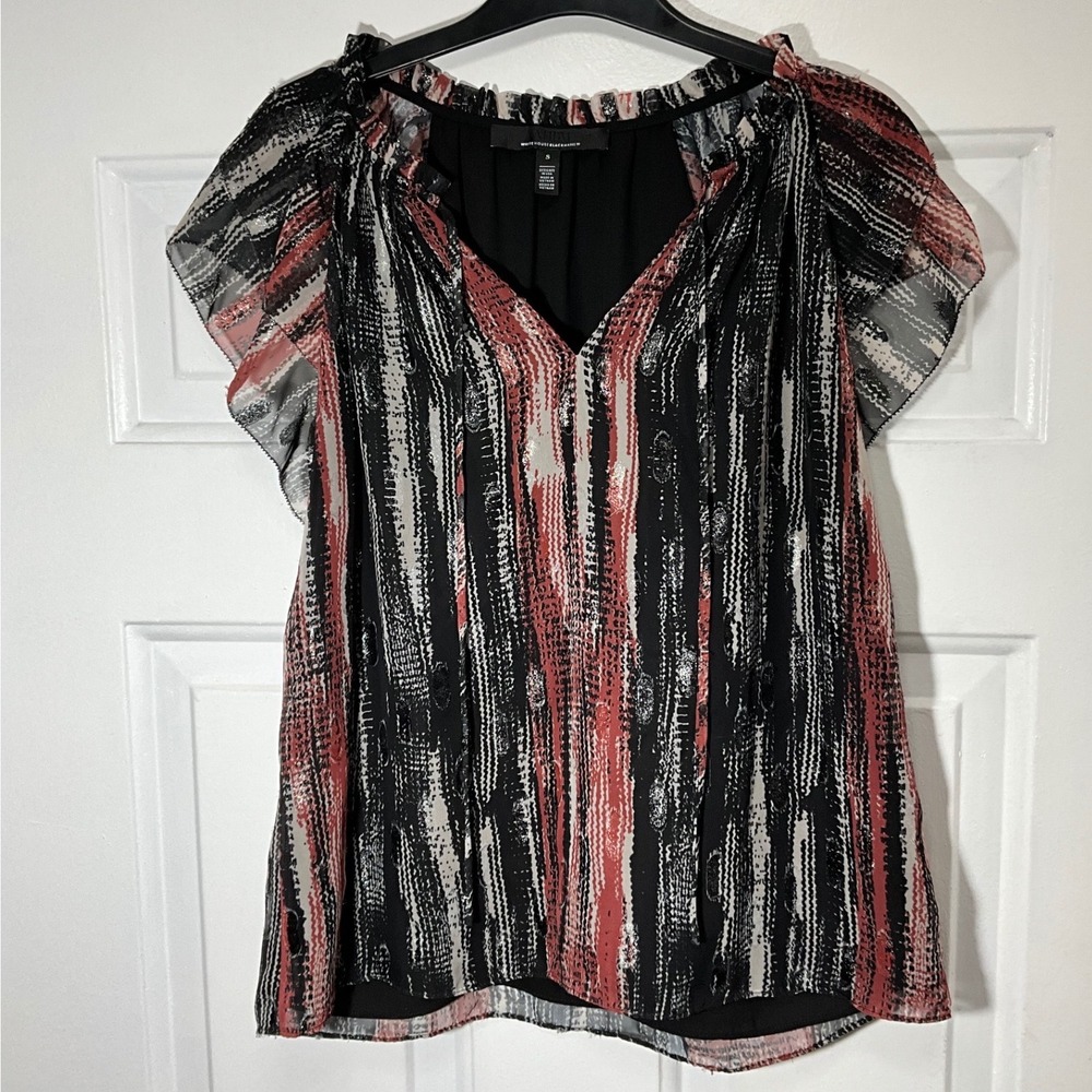 White House Black Market Red Black Metallic Stripe Ruffle Cap Sleeve Blouse S